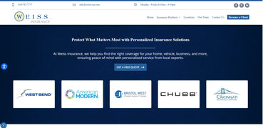 Weiss Insurance website homepage with branding and contact information.