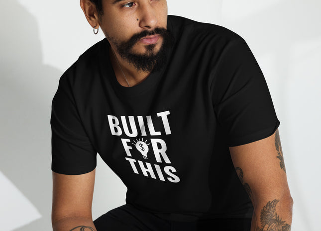 Man Modeling front of black, short-sleeve, "Built for This" T-shirt
