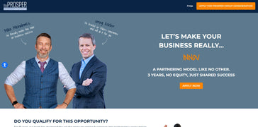 Two men in business attire with promotional text on a blue background