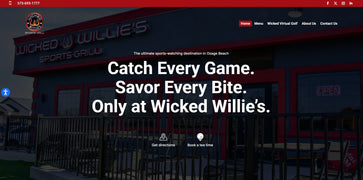 Website homepage of Wicked Willie's Sports Grill with text and building image.